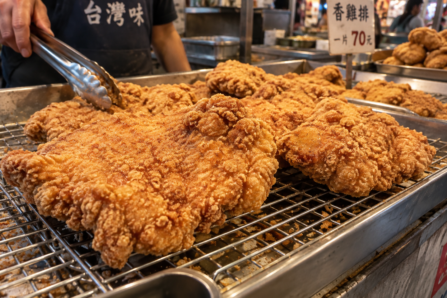 close-up of a Taipei night-market fried chicken cutlet stall